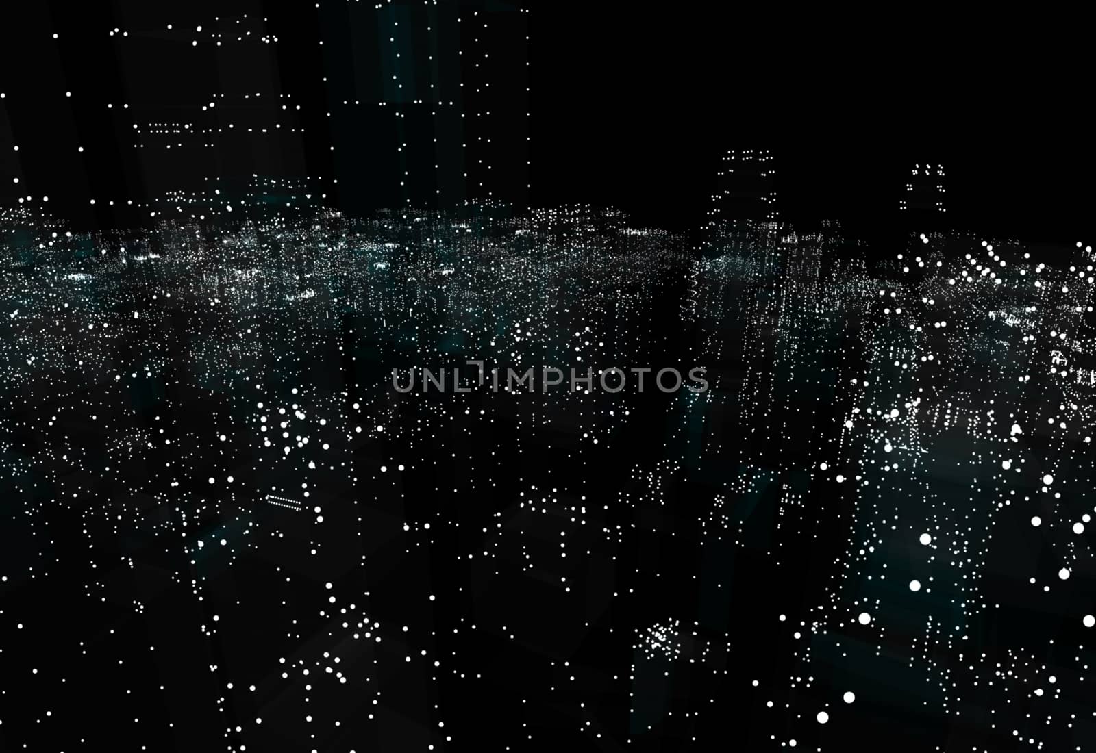 Illuminated night city skyline on black background. 3d illustration