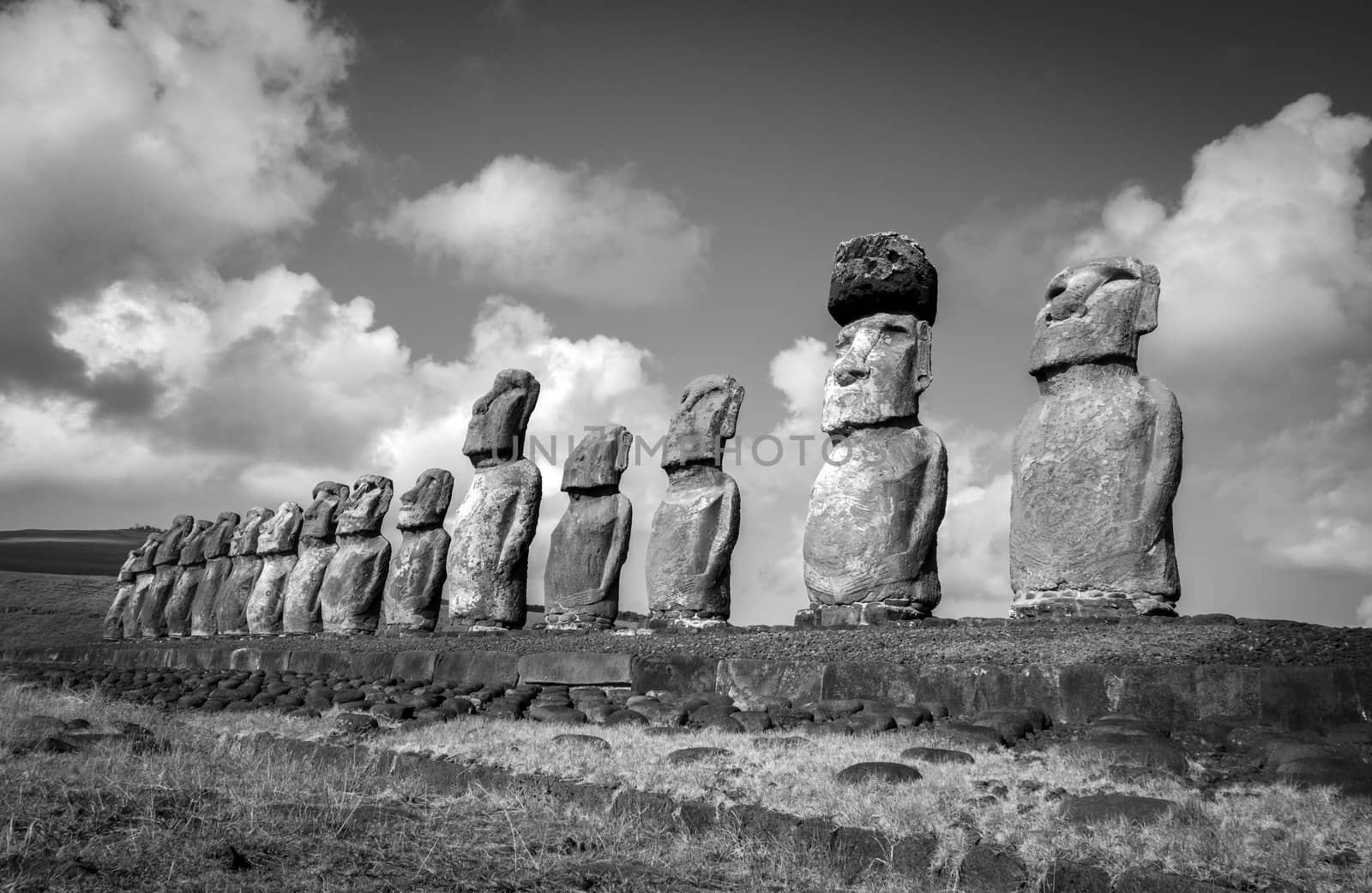 Moais statues, ahu Tongariki, easter island, Chile. Black and white picture