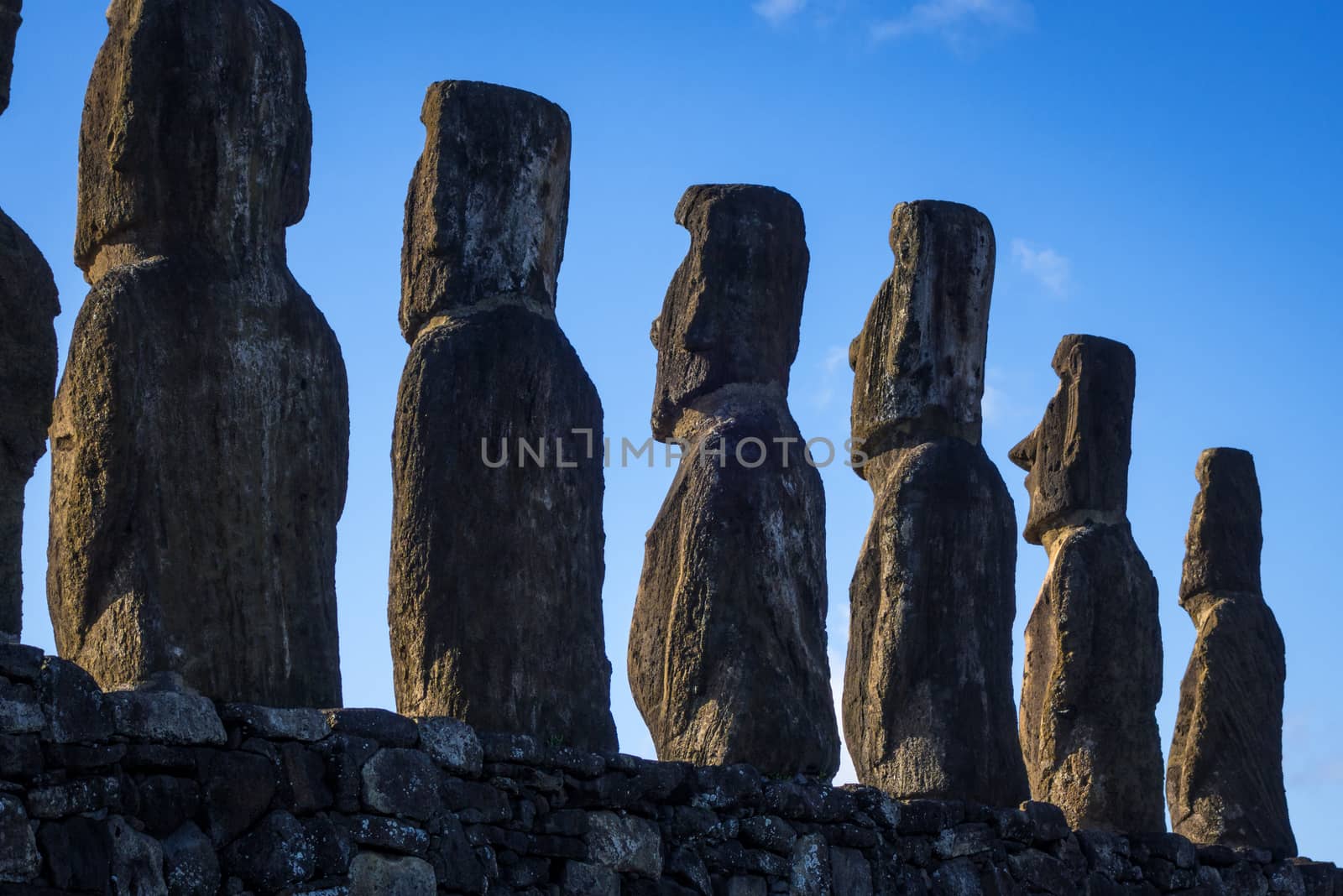 Moais statues, ahu Tongariki, easter island, Chile