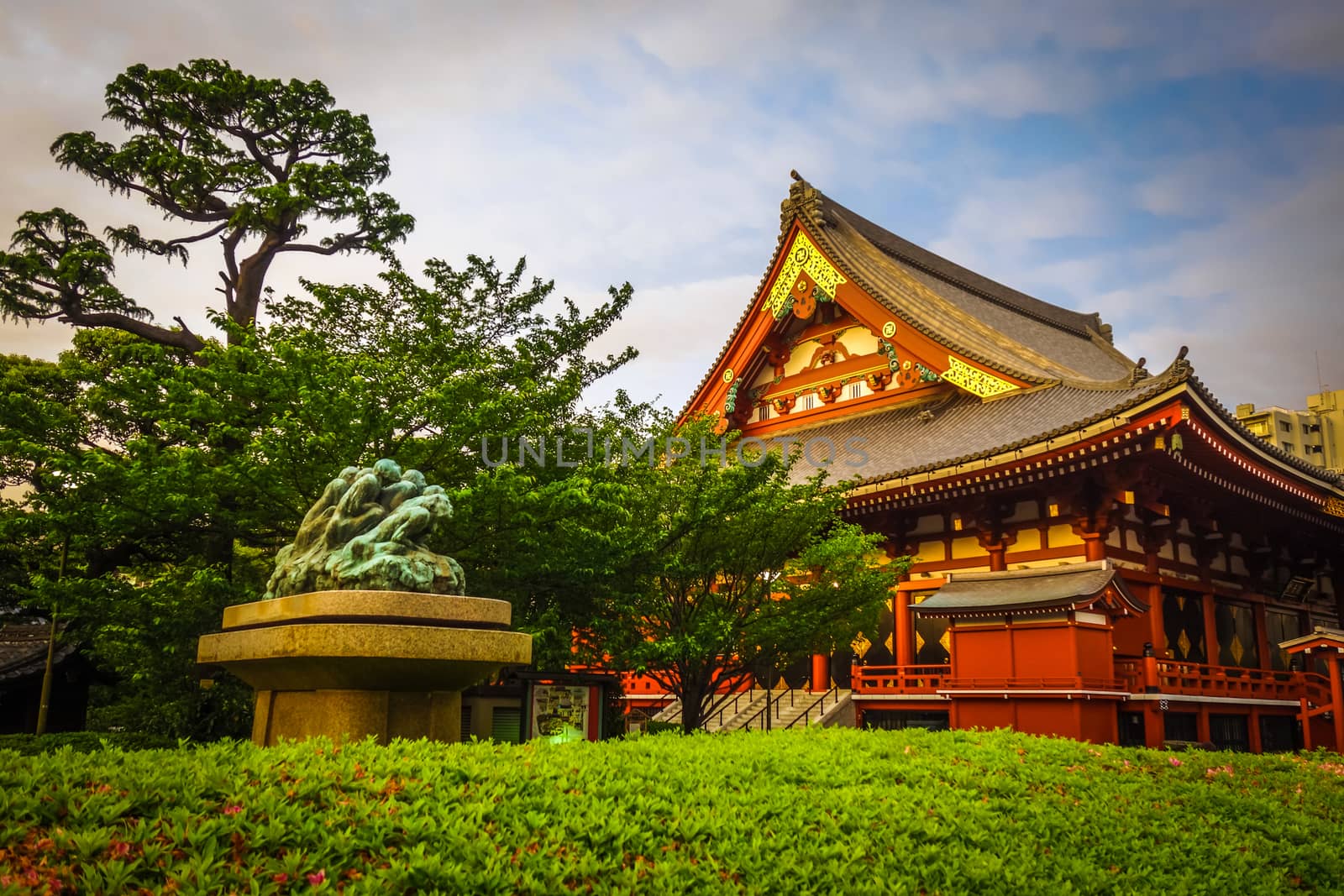 Senso-ji Kannon temple Hondo at sunset, Tokyo, Japan