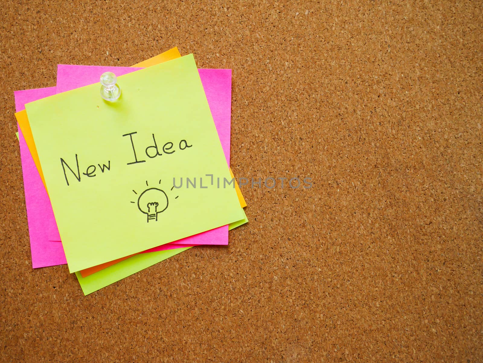 Text new idea in green post note attach by pin on wood board with copy space