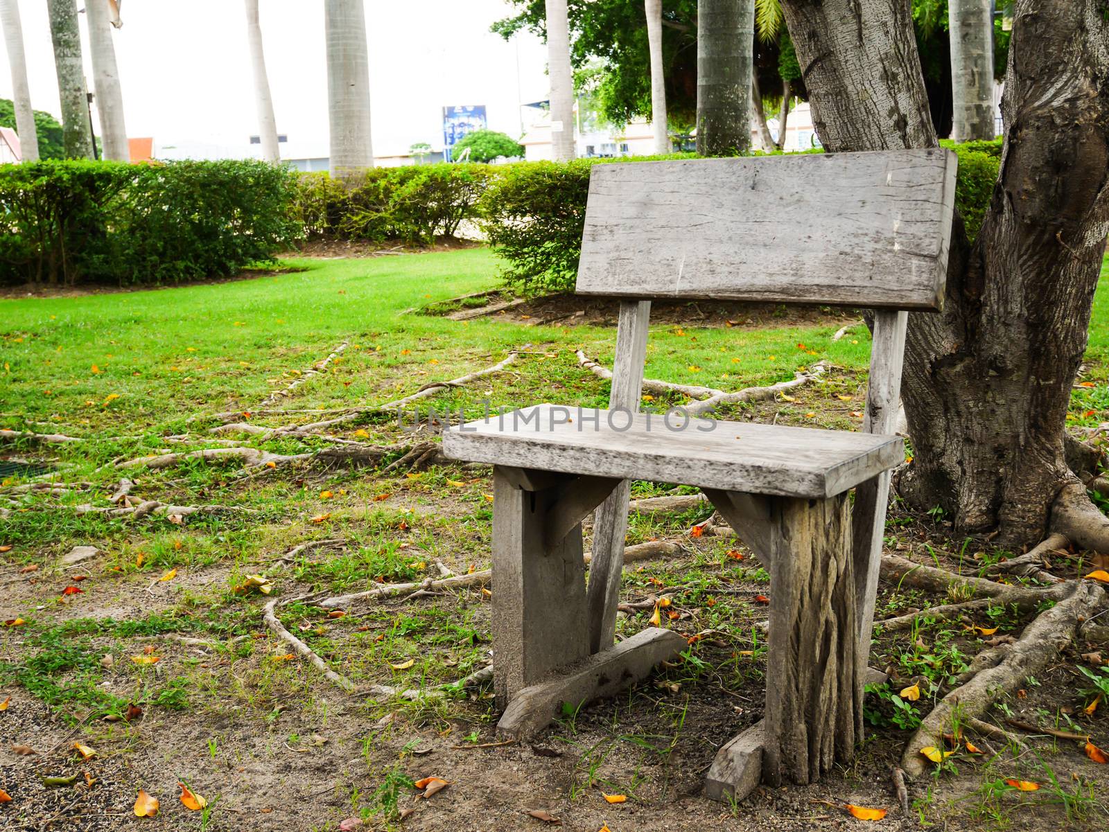 Wood bench in park by korawig