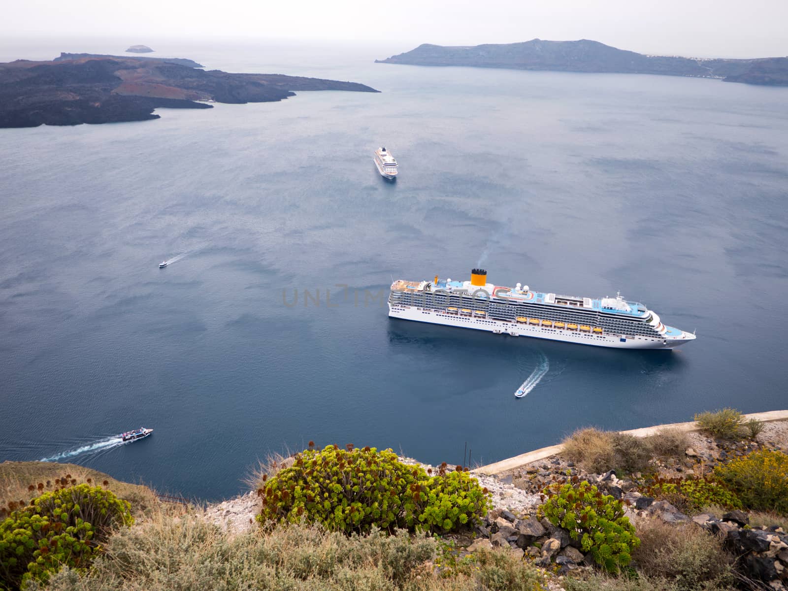 Cruise ship in Santorini island in Cyclades, Greece
