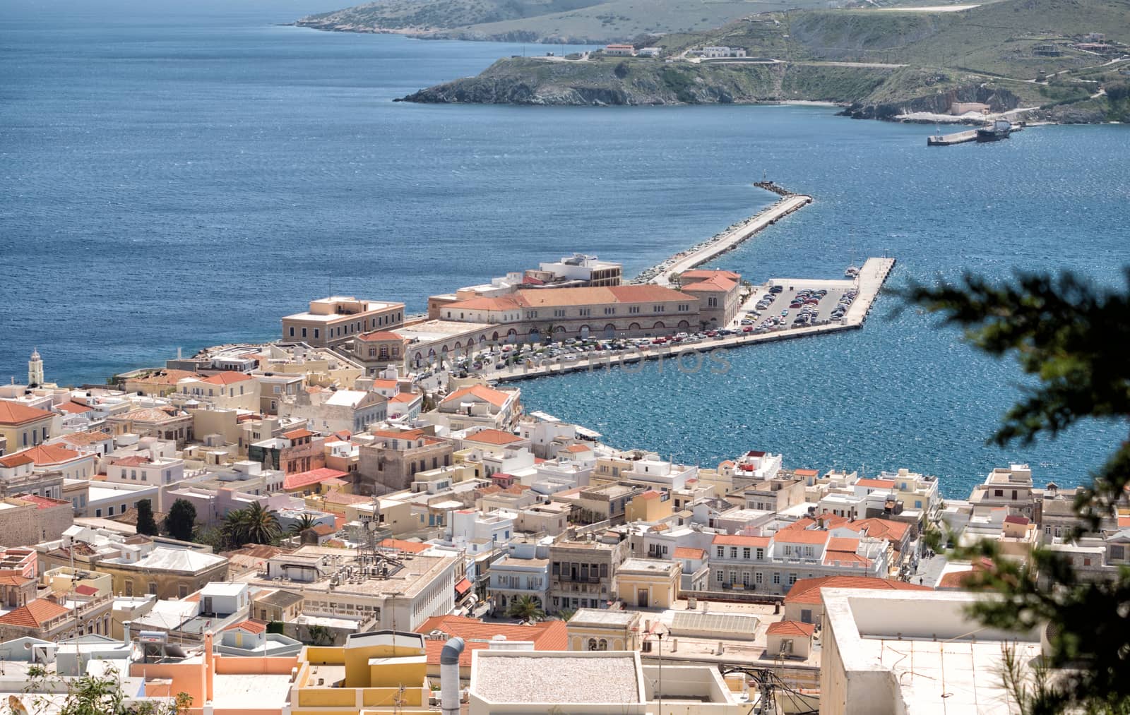 View of Syros town with beautiful buildings and houses in a sunny day