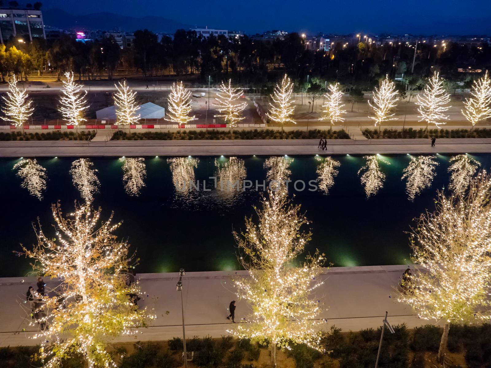 Athens, Greece - January 1,2017: Foundation of Stavros Niarchos culture center decorated with lights late in the afternoon 