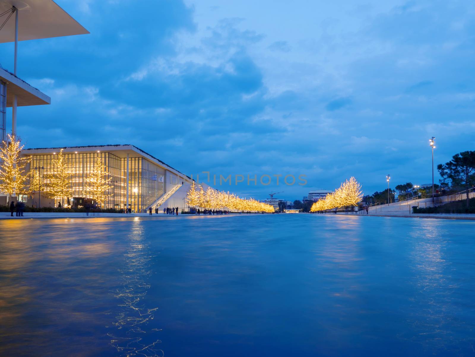 Athens, Greece - January 6,2017: Foundation of Stavros Niarchos culture center decorated with lights late in the afternoon 