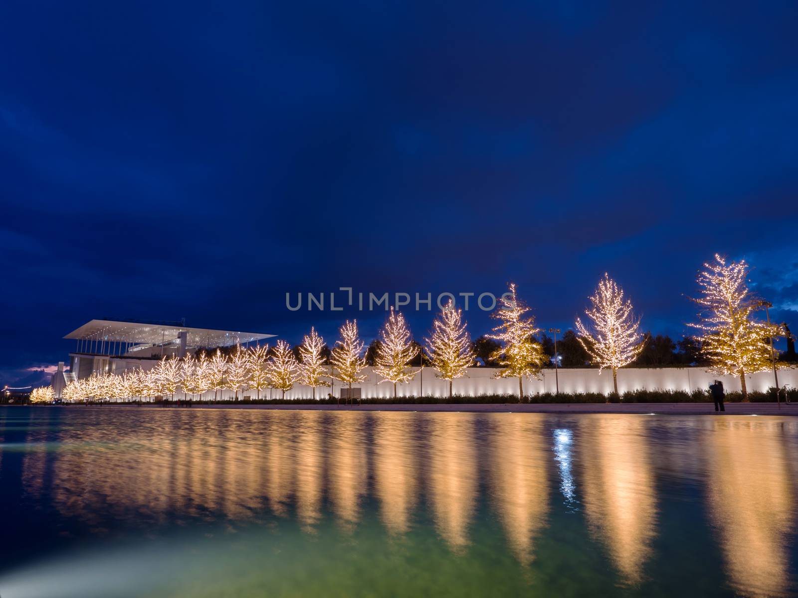 Athens, Greece - January 6,2017: Foundation of Stavros Niarchos culture center decorated with lights late in the afternoon 