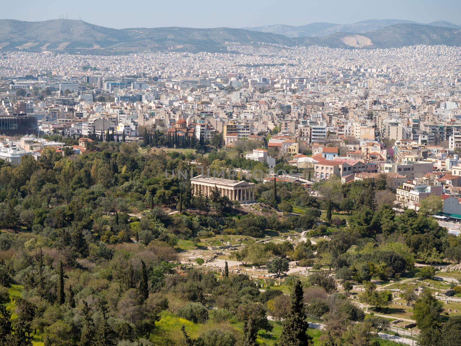 Panoramic view of the  Temple of Hephaestus and Athens city in the background