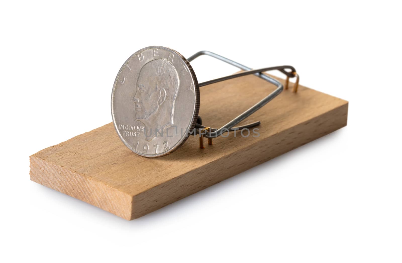 mousetrap with dollar coin on white isolated background
