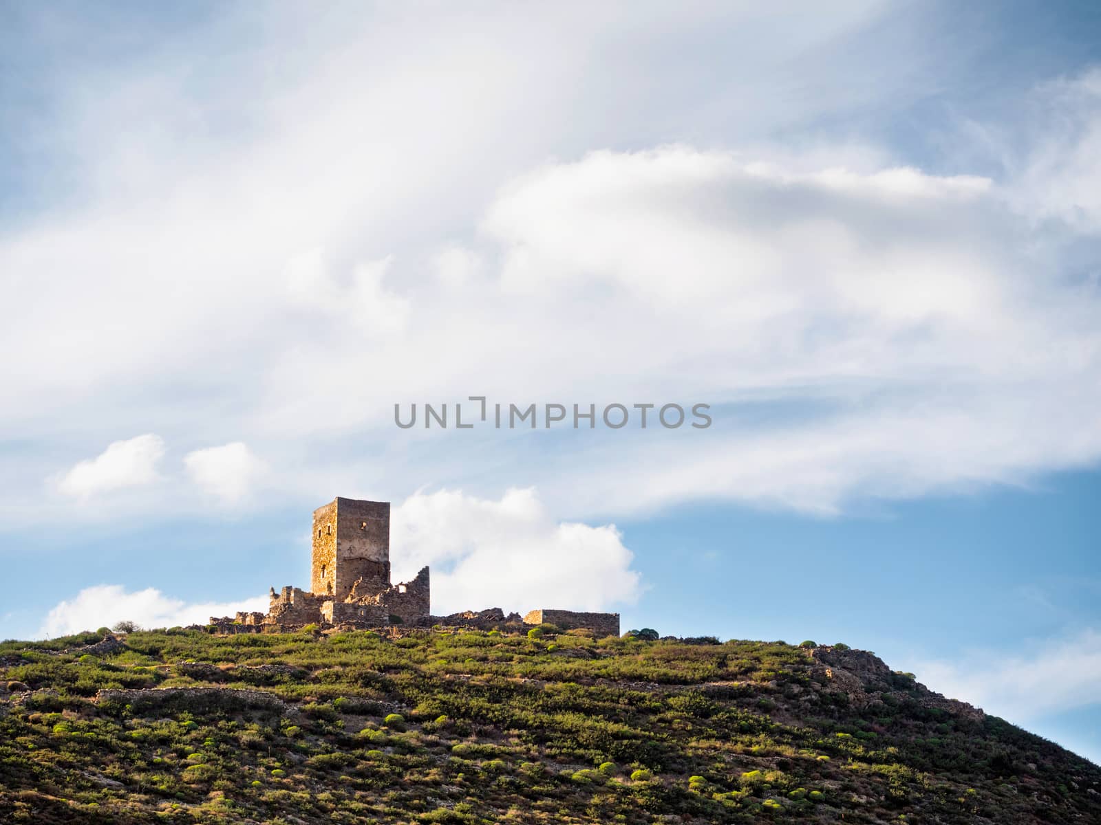 Ruins of a building on the top of a mountain in Mani region of Laconia, Peloponnese,Greece