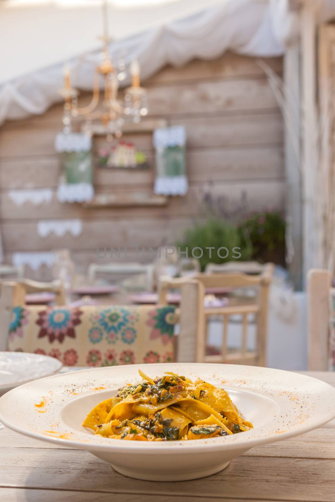 Gourmet fresh pasta with lentil served on a white plate