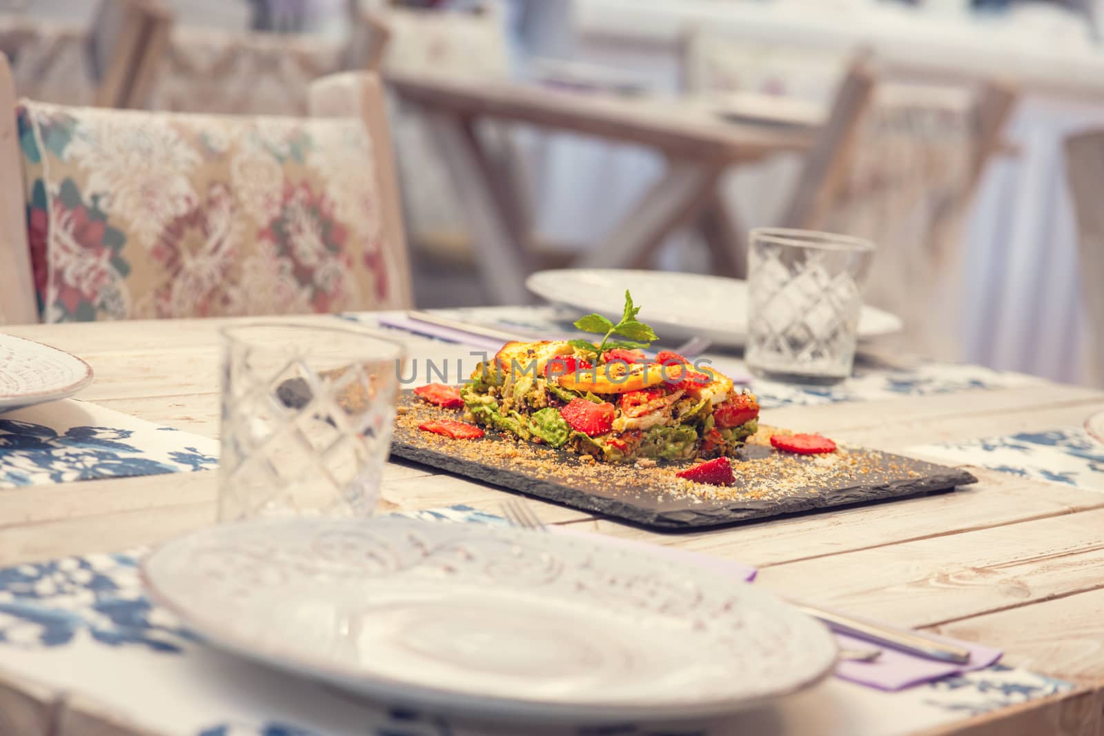 Gourmet vegetable pie beautiful decorated and served on a graphite plate