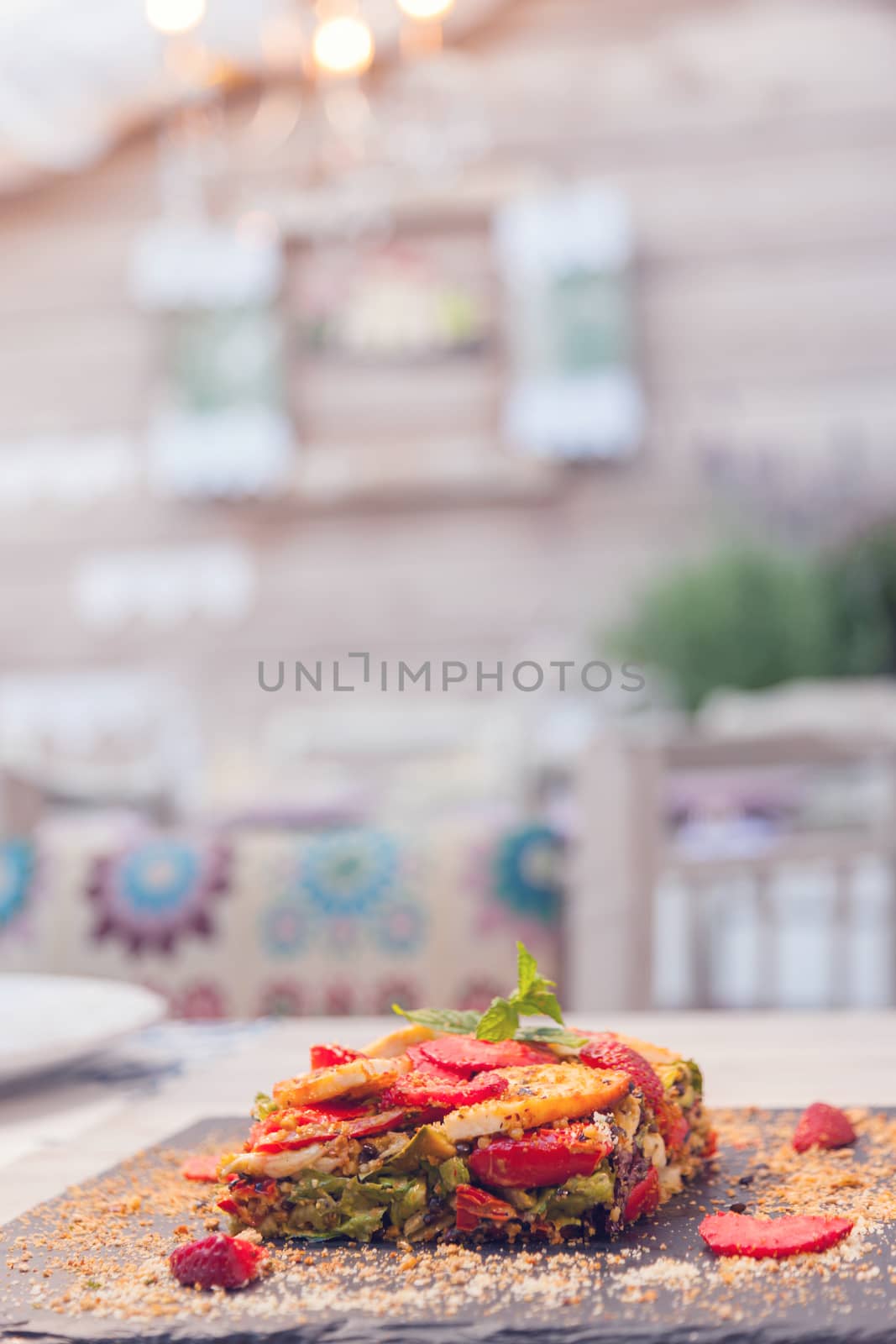 Gourmet vegetable pie beautiful decorated and served on a graphite plate