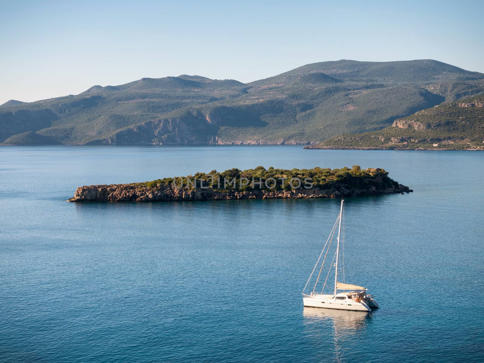 Sail boat in a cove of Mani region in Laconia Peloponnese,Greece