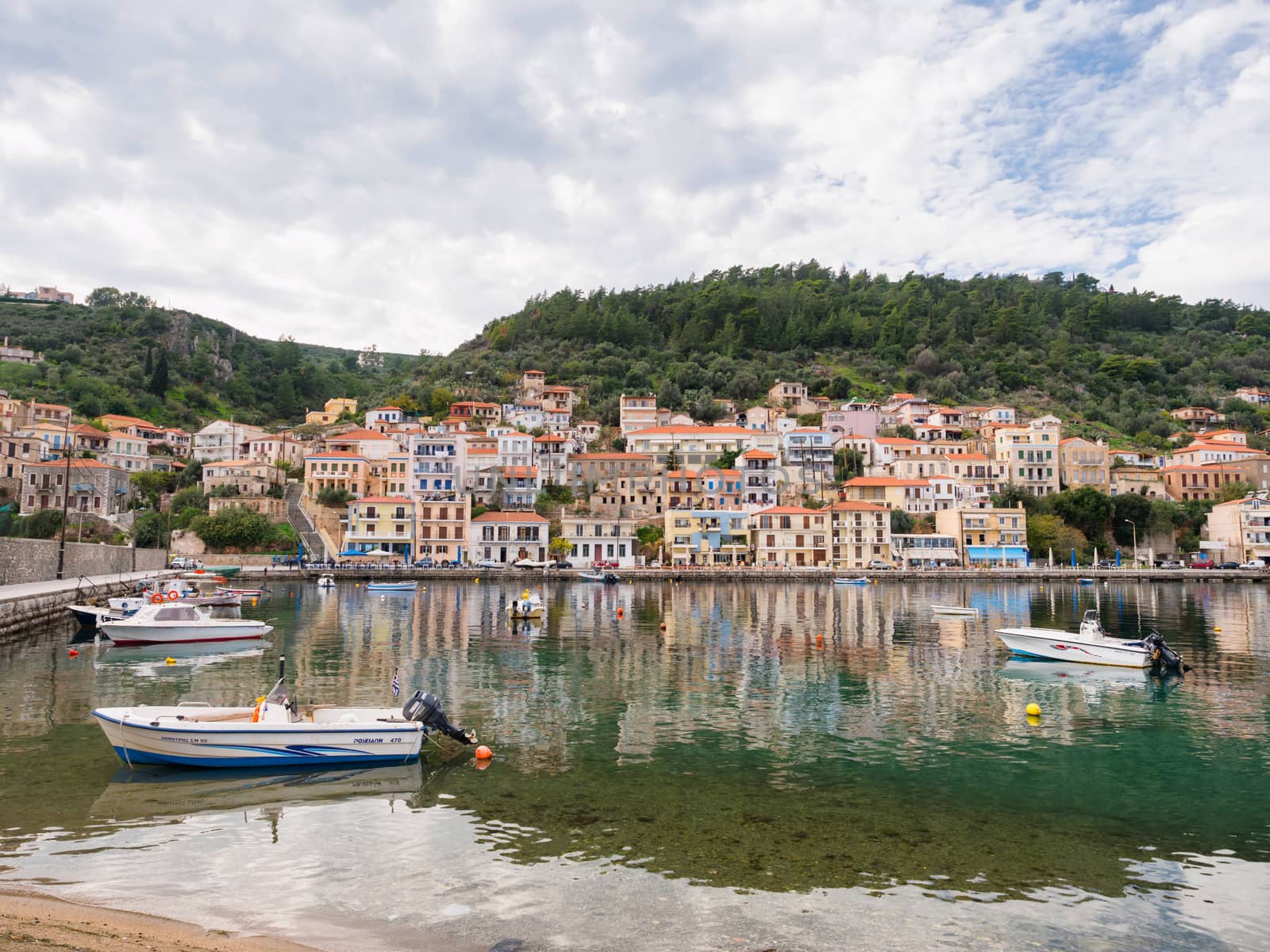 GITHEIO, GREECE - NOVEMBER 19,2016: The port of Githeio with beautiful houses, Laconia, Peloponnese,Greece