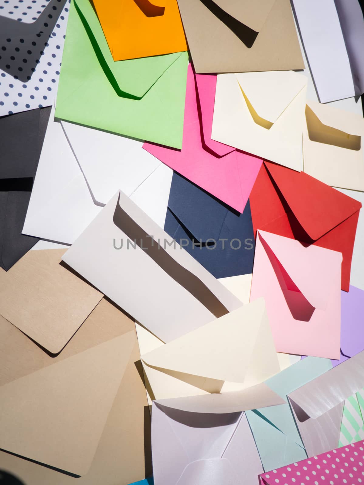 Closeup of colorful letter envelopes as part of decoration 