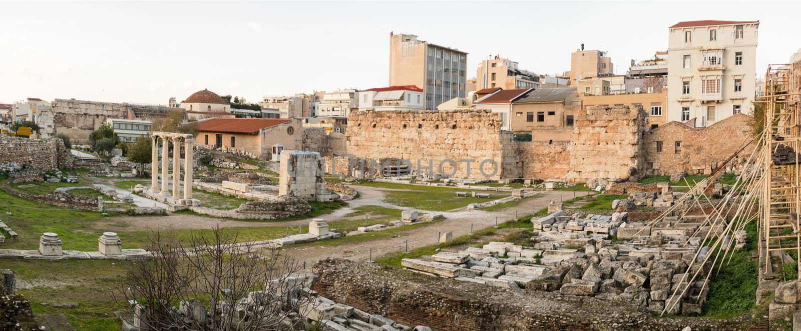 Ruins of the ancient Roman market in the historic center of Athens city in Greece