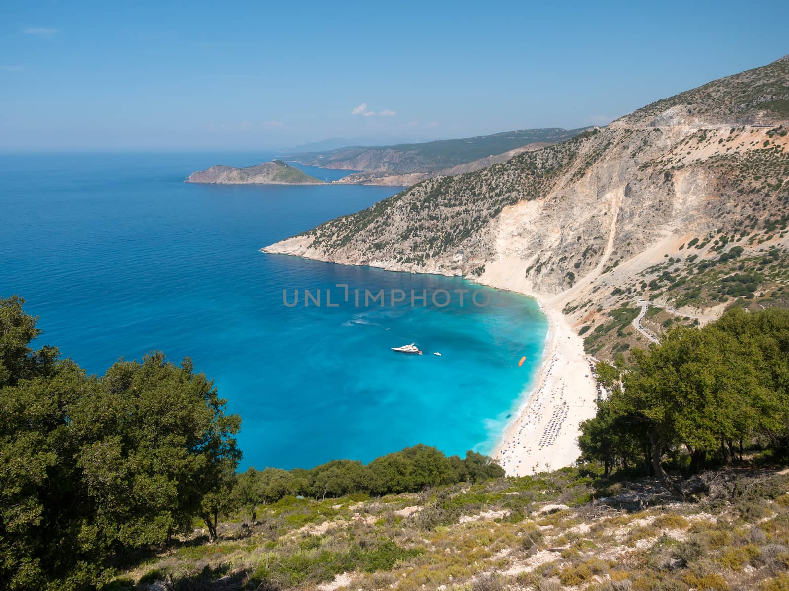 Myrtos beach panoramic view from above in Kefalonia island, Greece