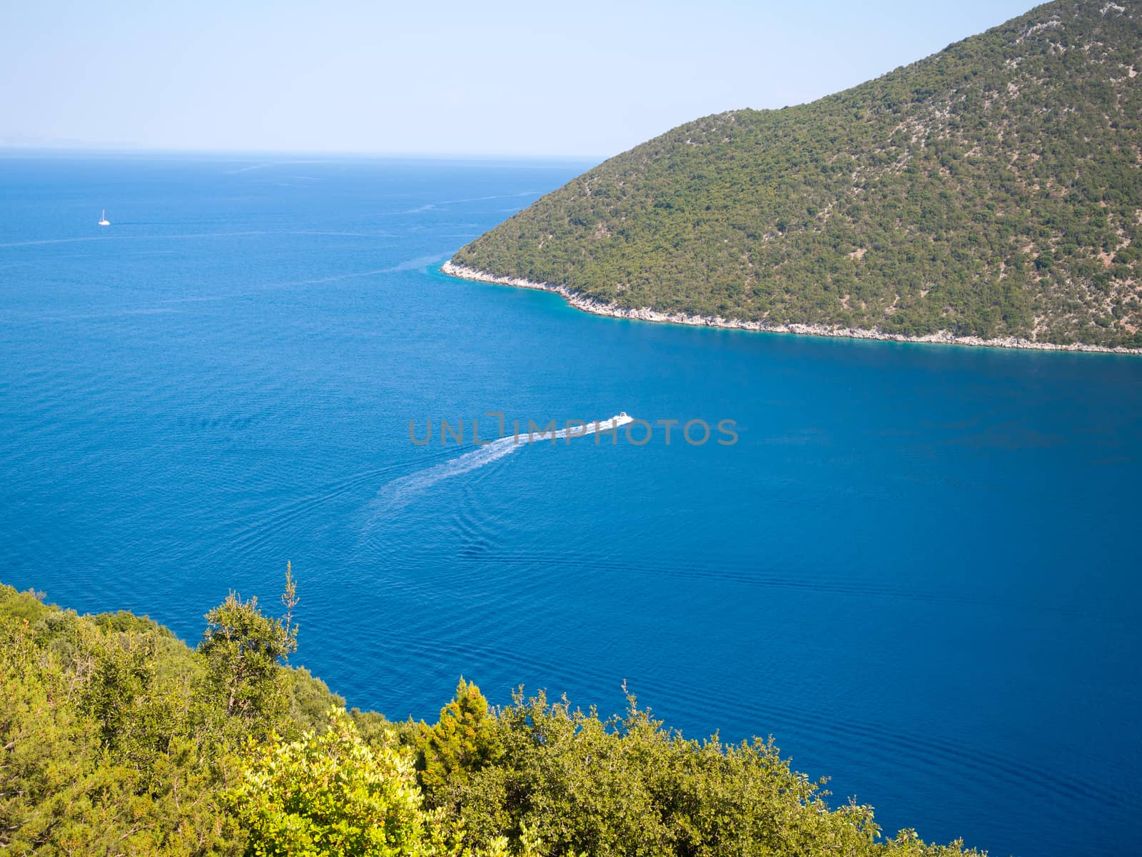 Panoramic view of shore with  blue water in Kefalonia island, Greece