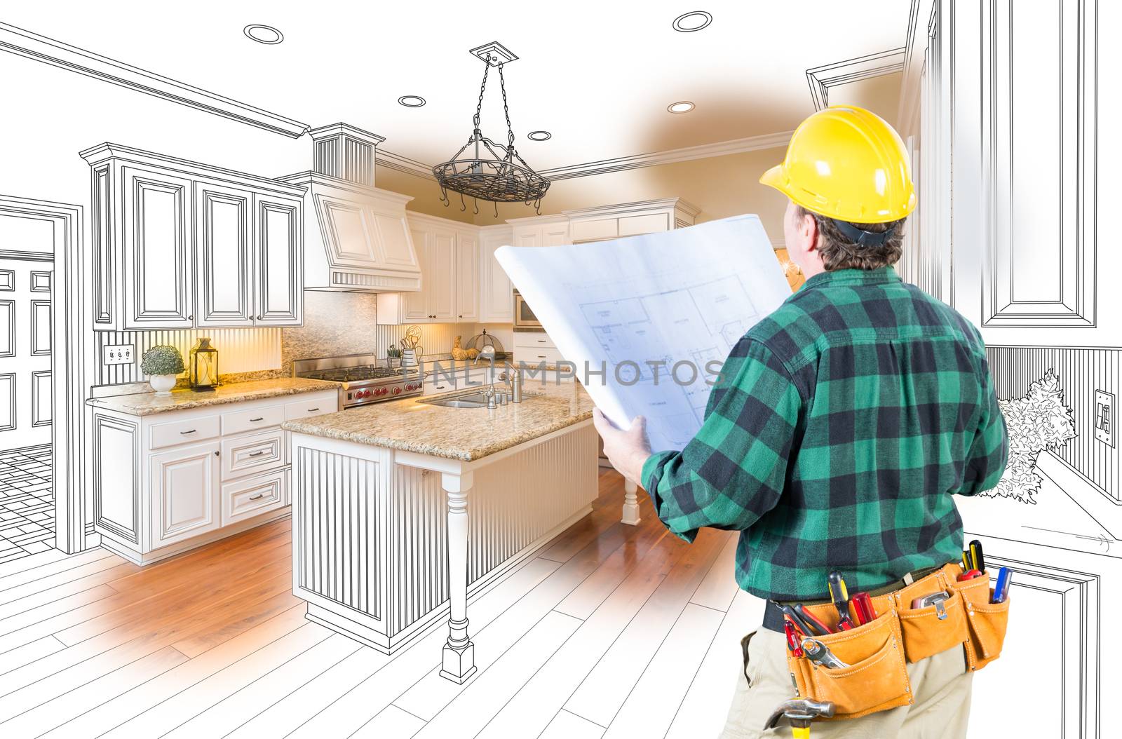 Male Contractor with Hard Hat and Plans Looking At Custom Kitchen Drawing Photo Combination On White.