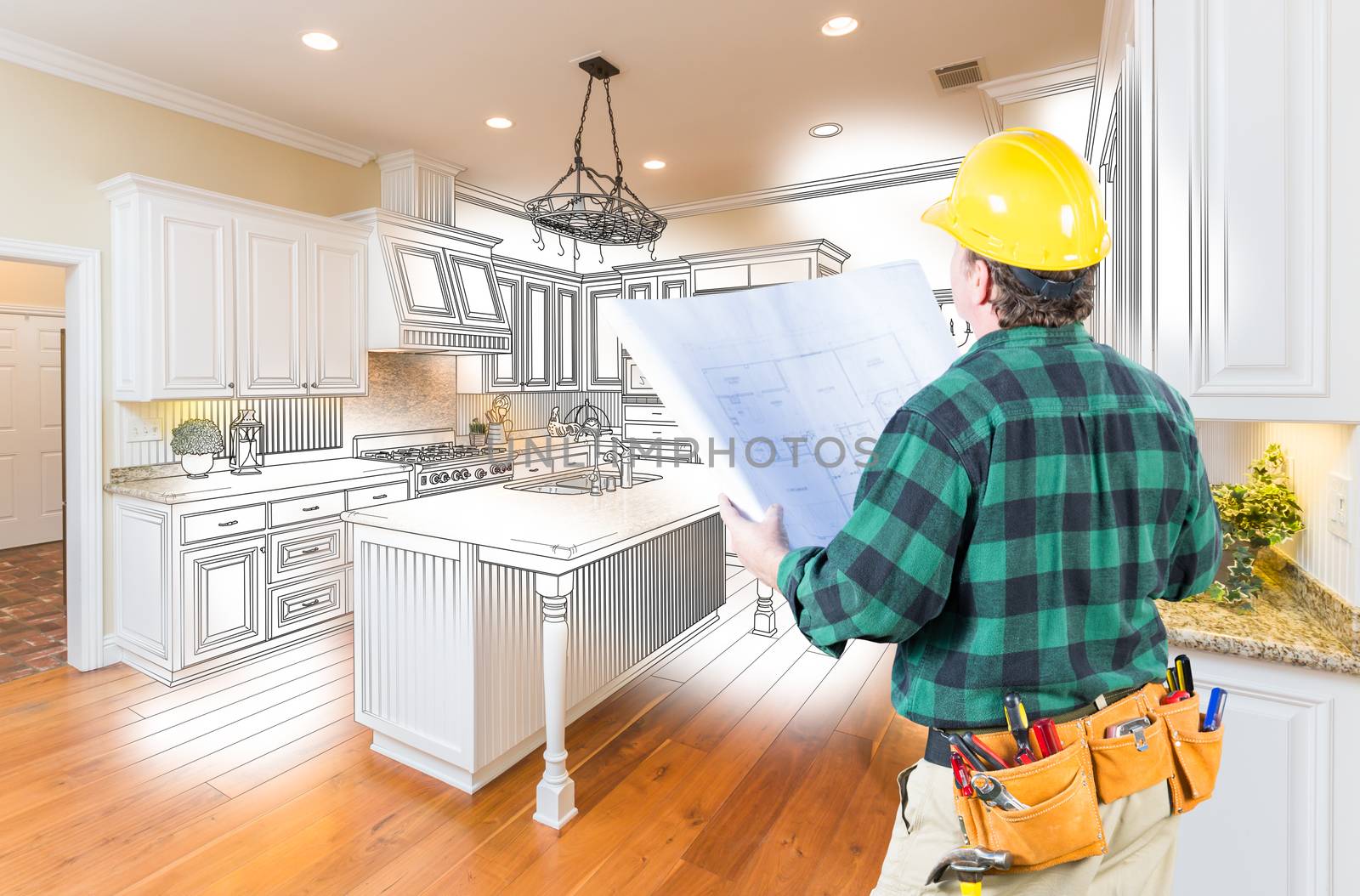 Male Contractor with Hard Hat and Plans Looking At Custom Kitchen Drawing Photo Combination On White. by Feverpitched