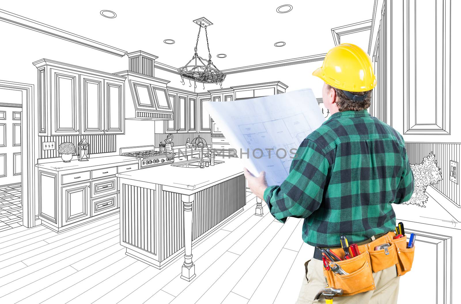 Male Contractor with Hard Hat and Plans Looking At Custom Kitchen Drawing On White. by Feverpitched