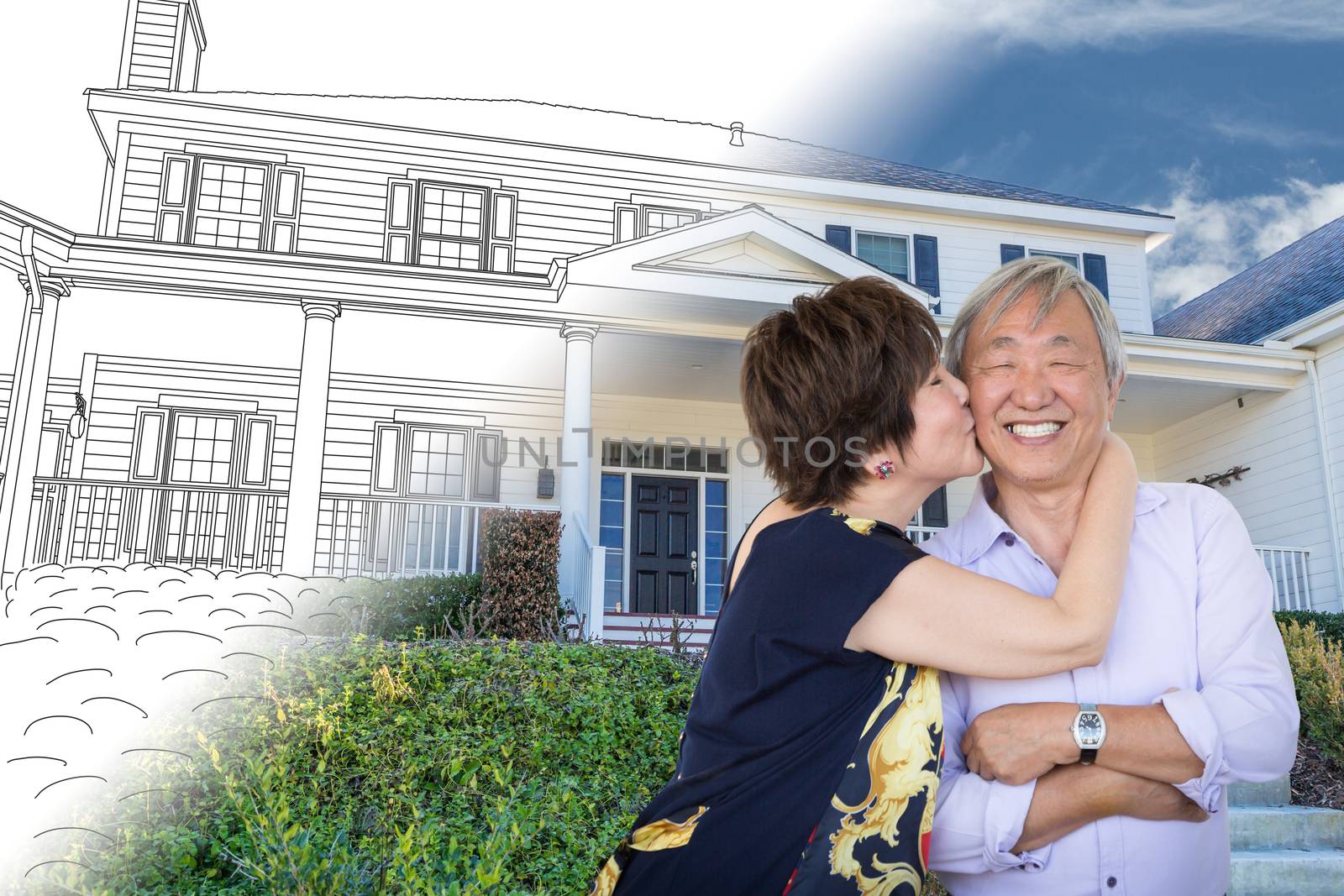 Chinese Senior Adult Couple Kissing In Front Of Custom House Drawing and Photo Transition. by Feverpitched