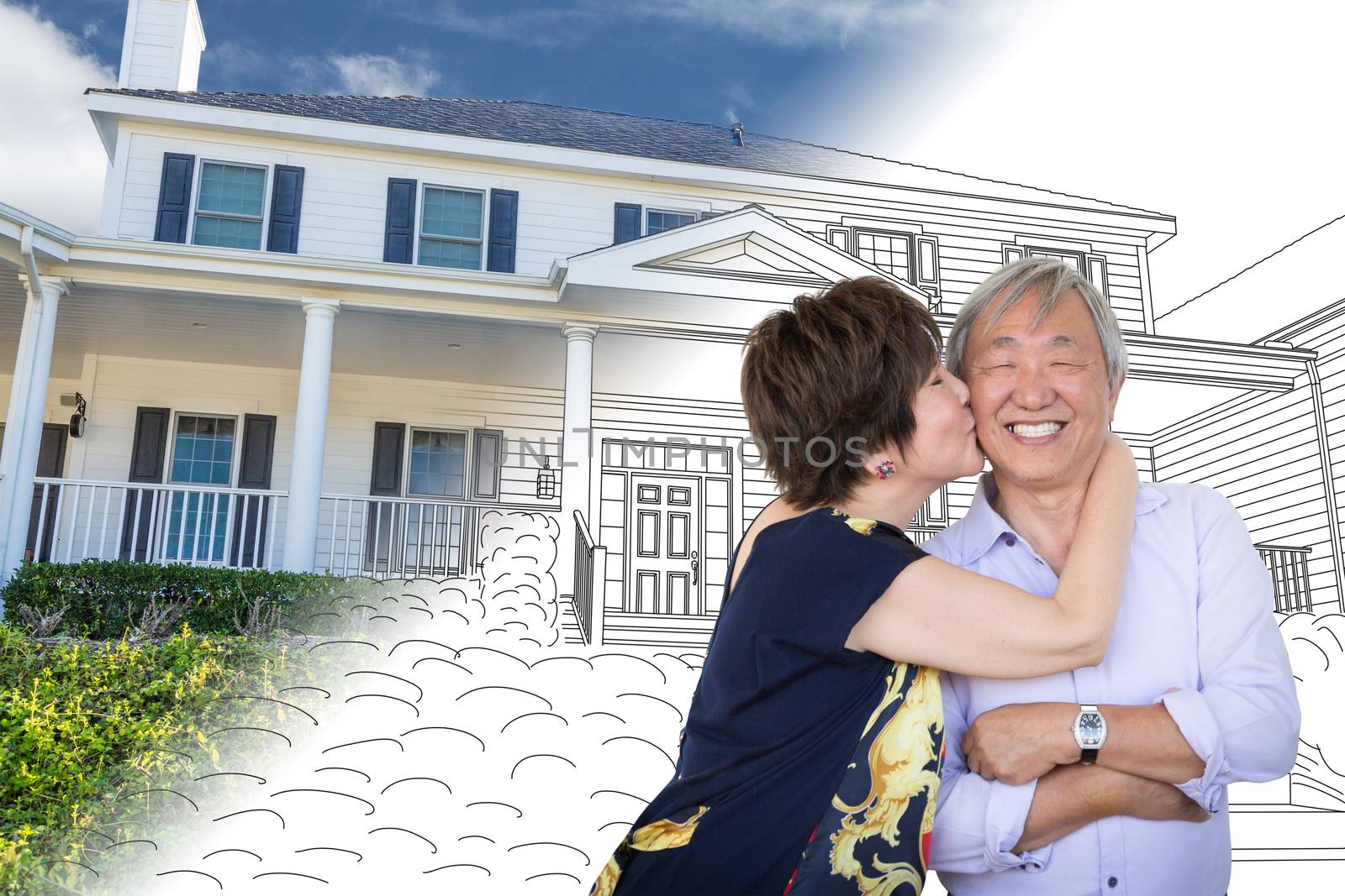 Chinese Senior Adult Couple Kissing In Front Of Custom House Drawing and Photo Transition. by Feverpitched