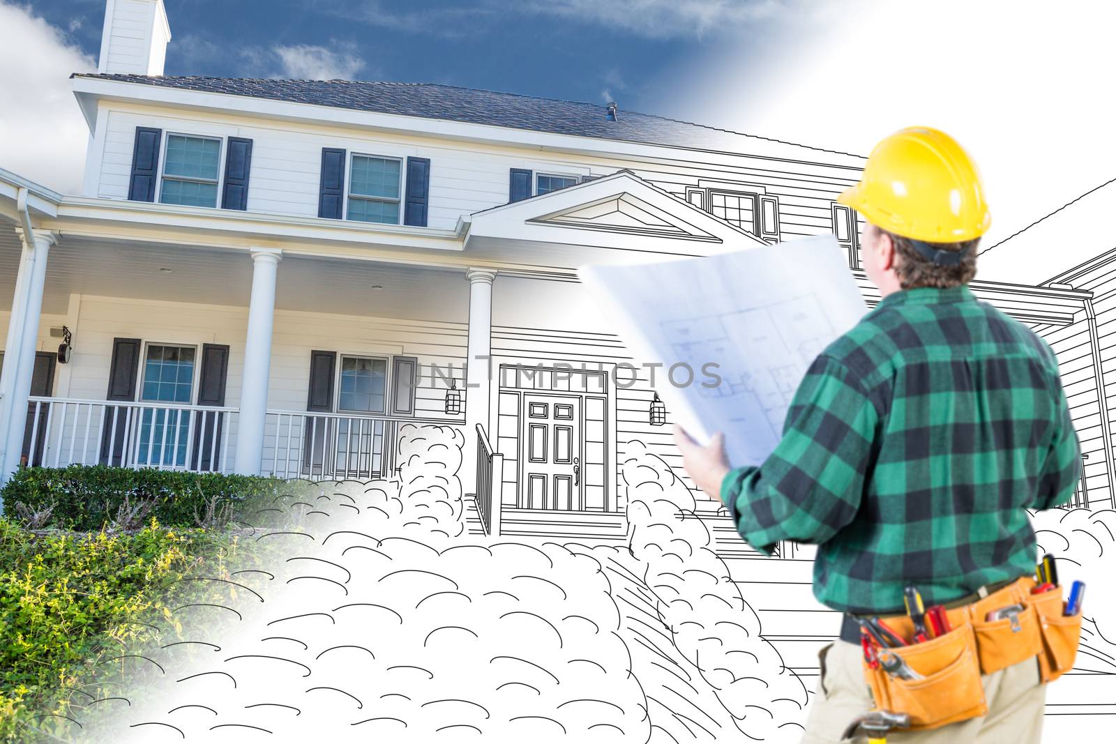 Male Contractor with Hard Hat and Tool Belt Looking At Custom House Drawing Photo Combination On White. by Feverpitched