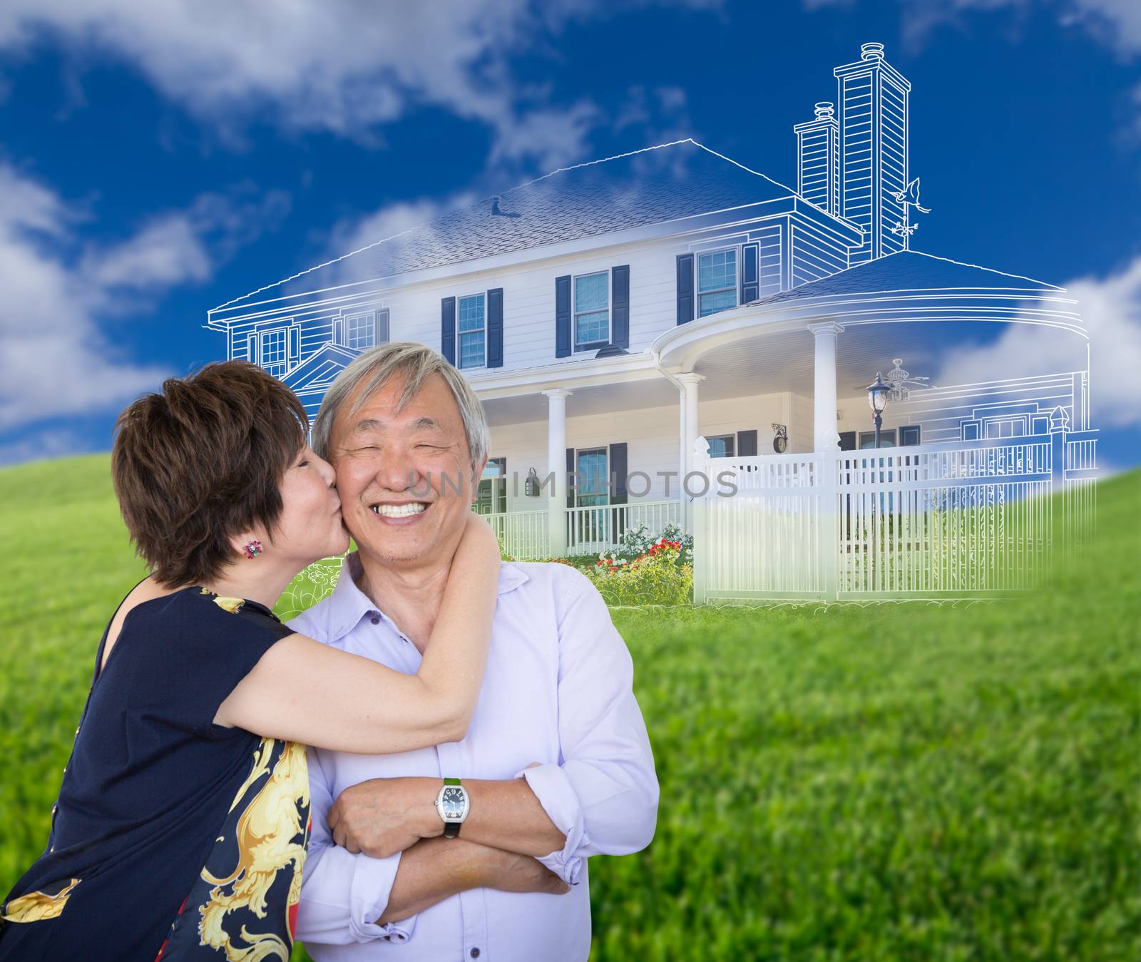 Chinese Senior Adult Couple Kissing In Front Of Ghosted Custom House Drawing and Photo Transition.