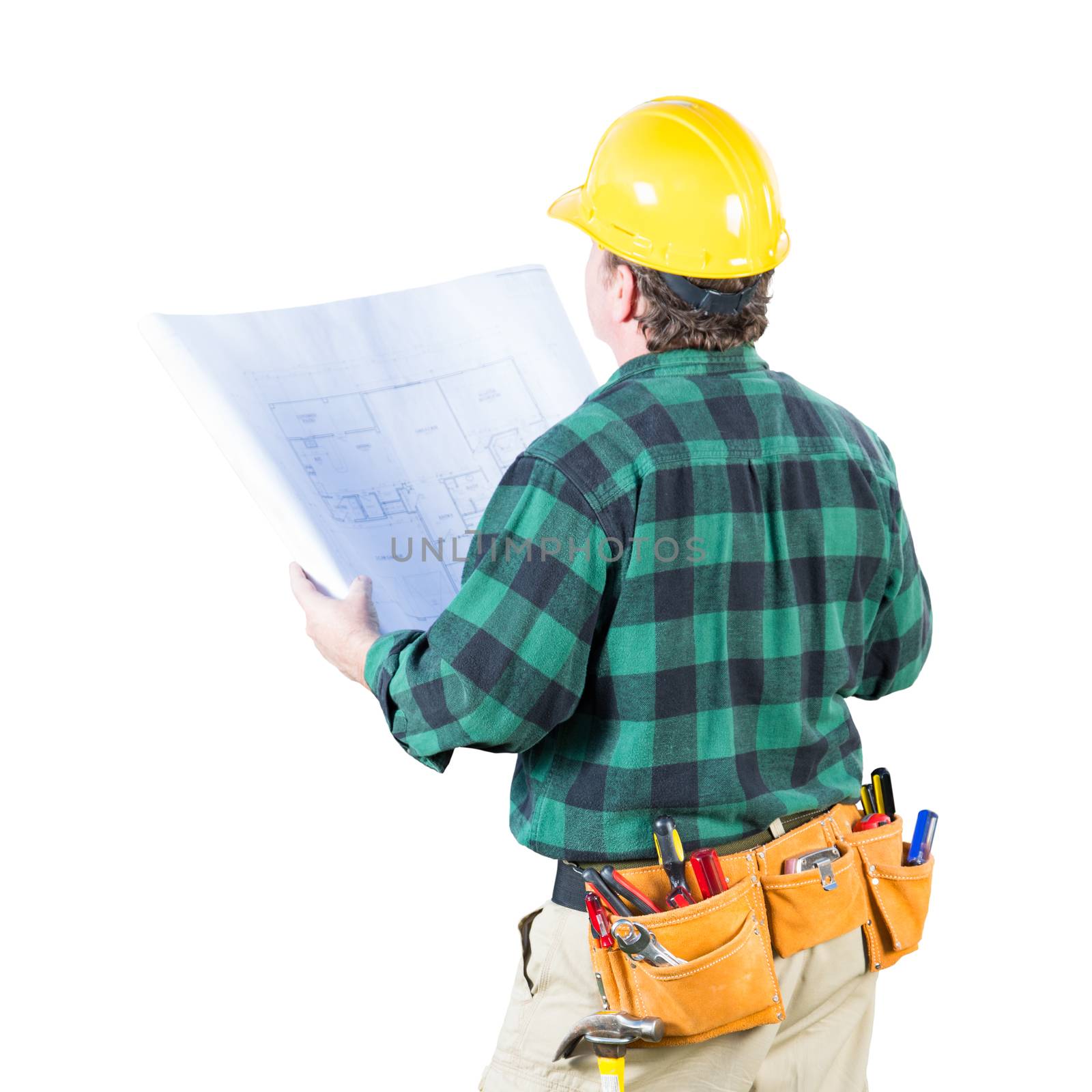 Male Contractor with Hard Hat and Tool Belt Looking Away Isolated a a White Background. by Feverpitched