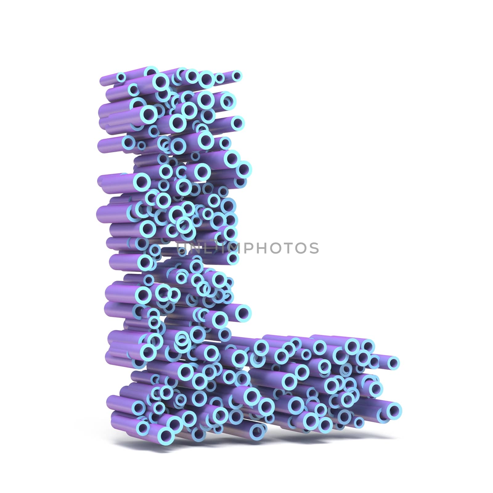 Purple blue font made of tubes LETTER L 3D render illustration isolated on white background