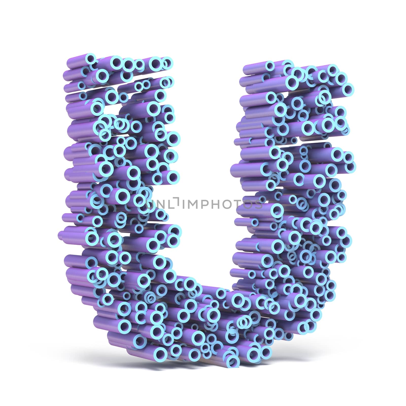 Purple blue font made of tubes LETTER U 3D render illustration isolated on white background