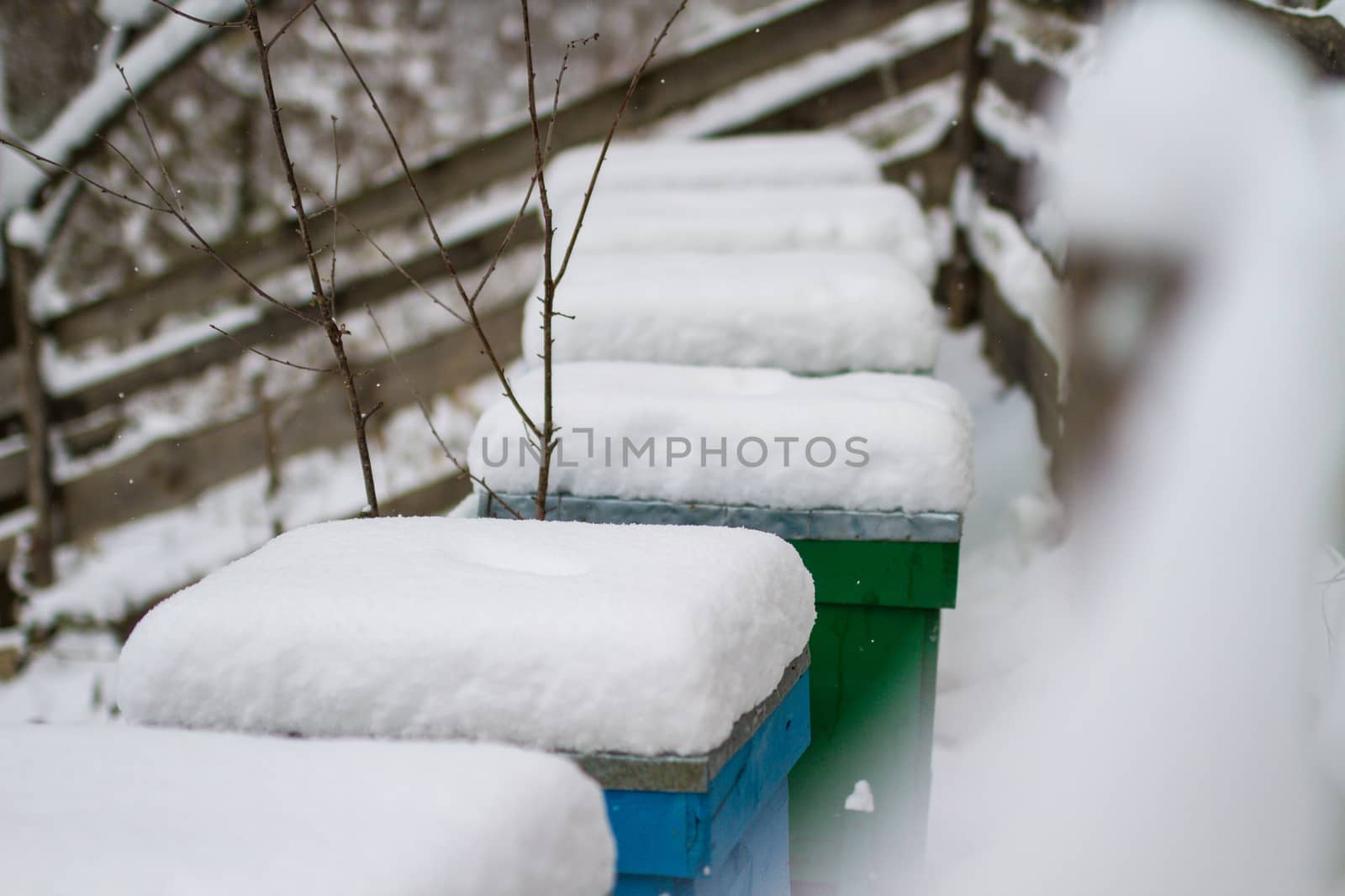 A pair of snow covered bee hives. Apiary in wintertime. Beehives covered with snow in wintertime. Beekeeping