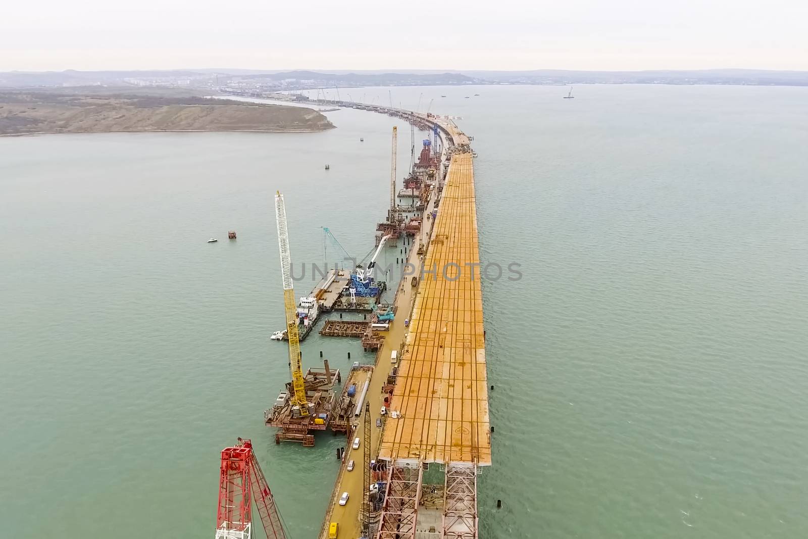 Construction of the bridge. Engineering facilities for the construction of a railway and automobile bridge across the strait.