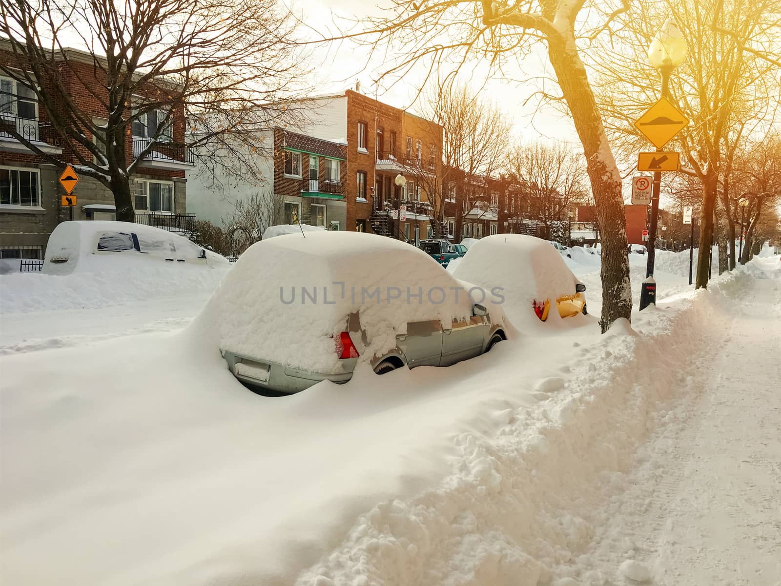 Cars covered with snow on winter street in sunset by anikasalsera