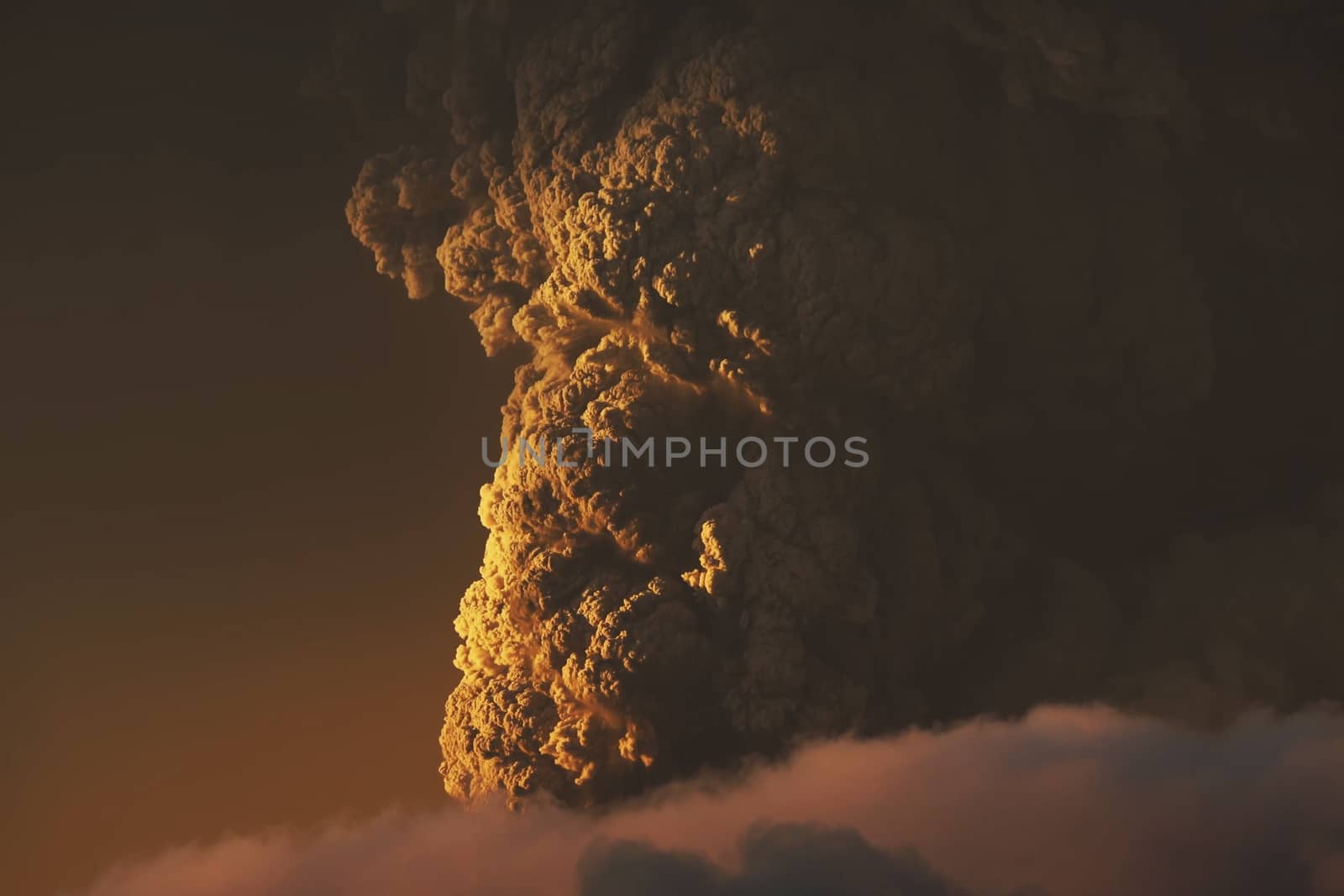 Eruption. Clubs of smoke and ash in the atmosphere.