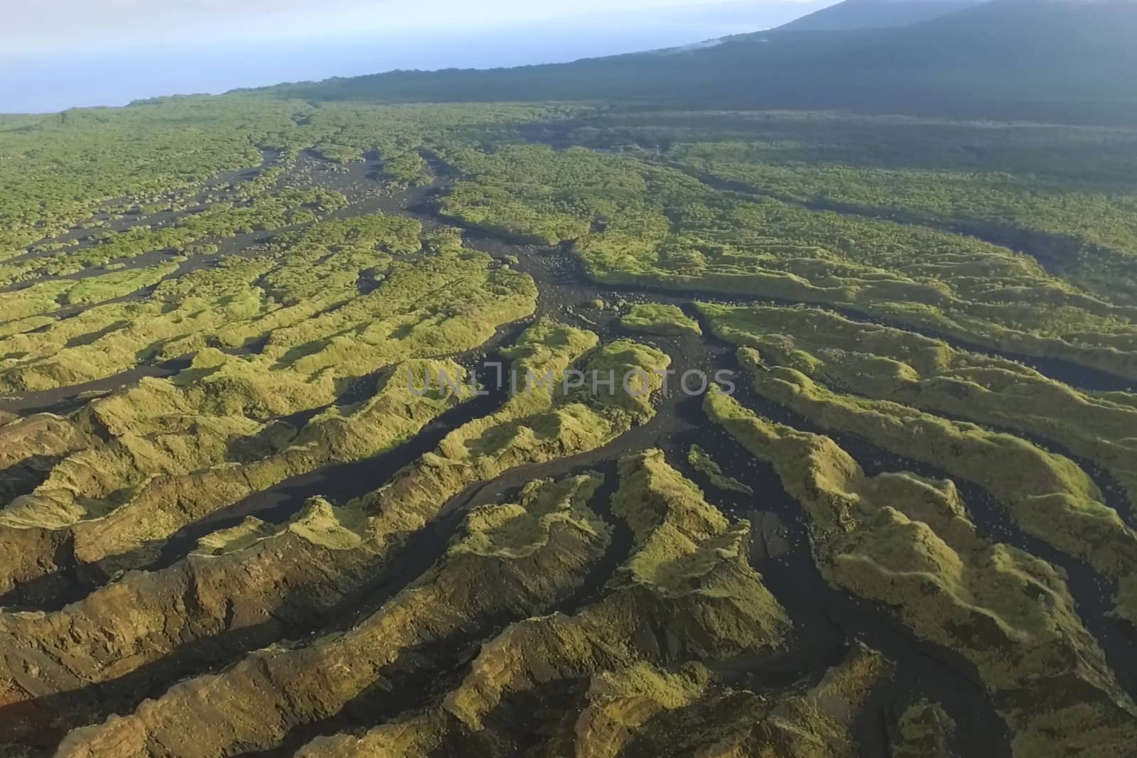 Landscape after the eruption of the volcano. Frozen rivers of magma.