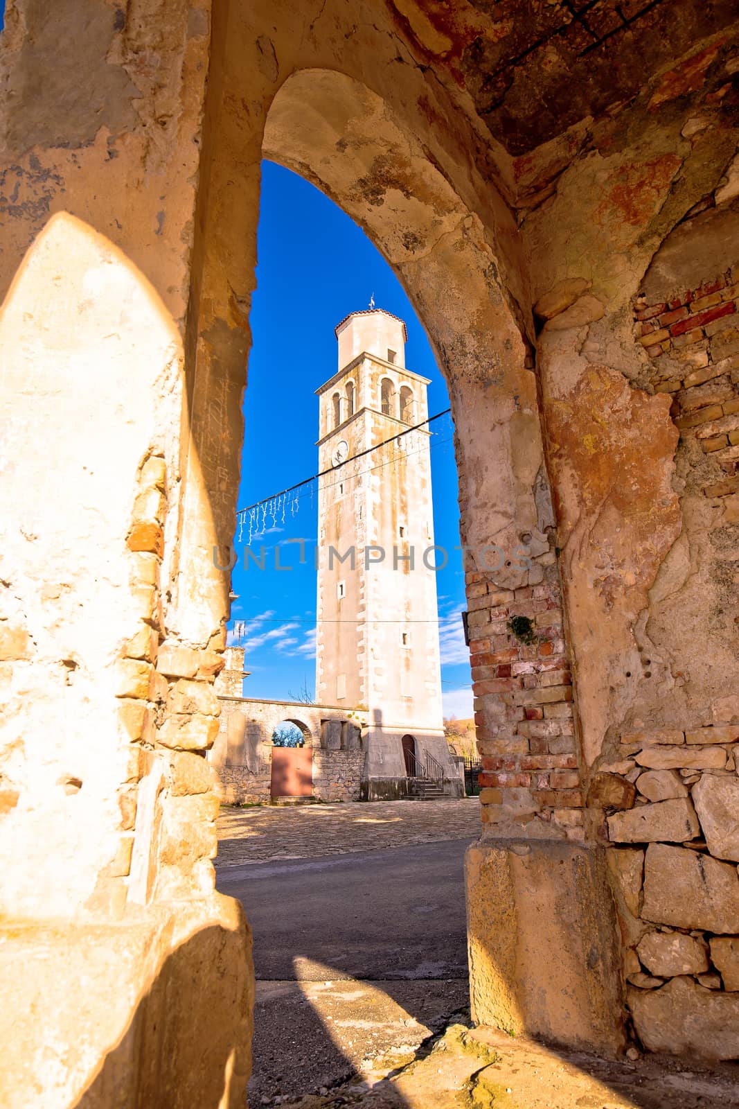 Town of Vizinada church through arches view, Istria region of Croatia