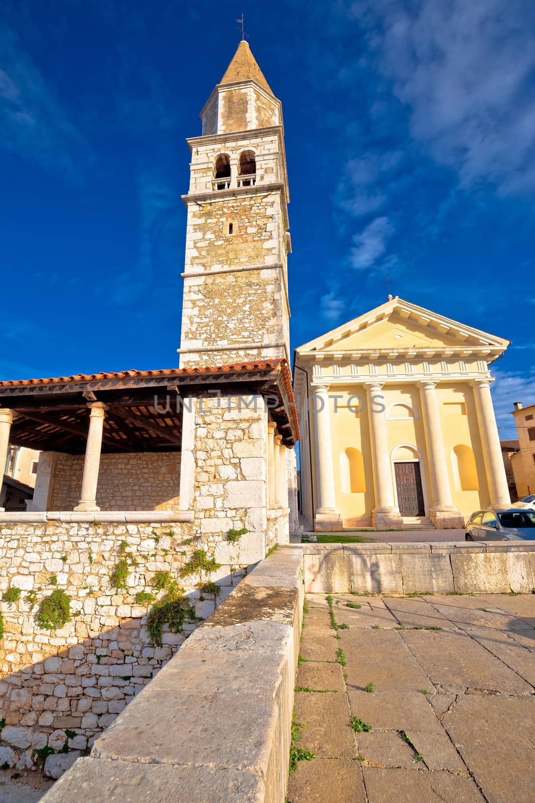 Town of Visnjan old stone square and church view, Istria region of Croatia