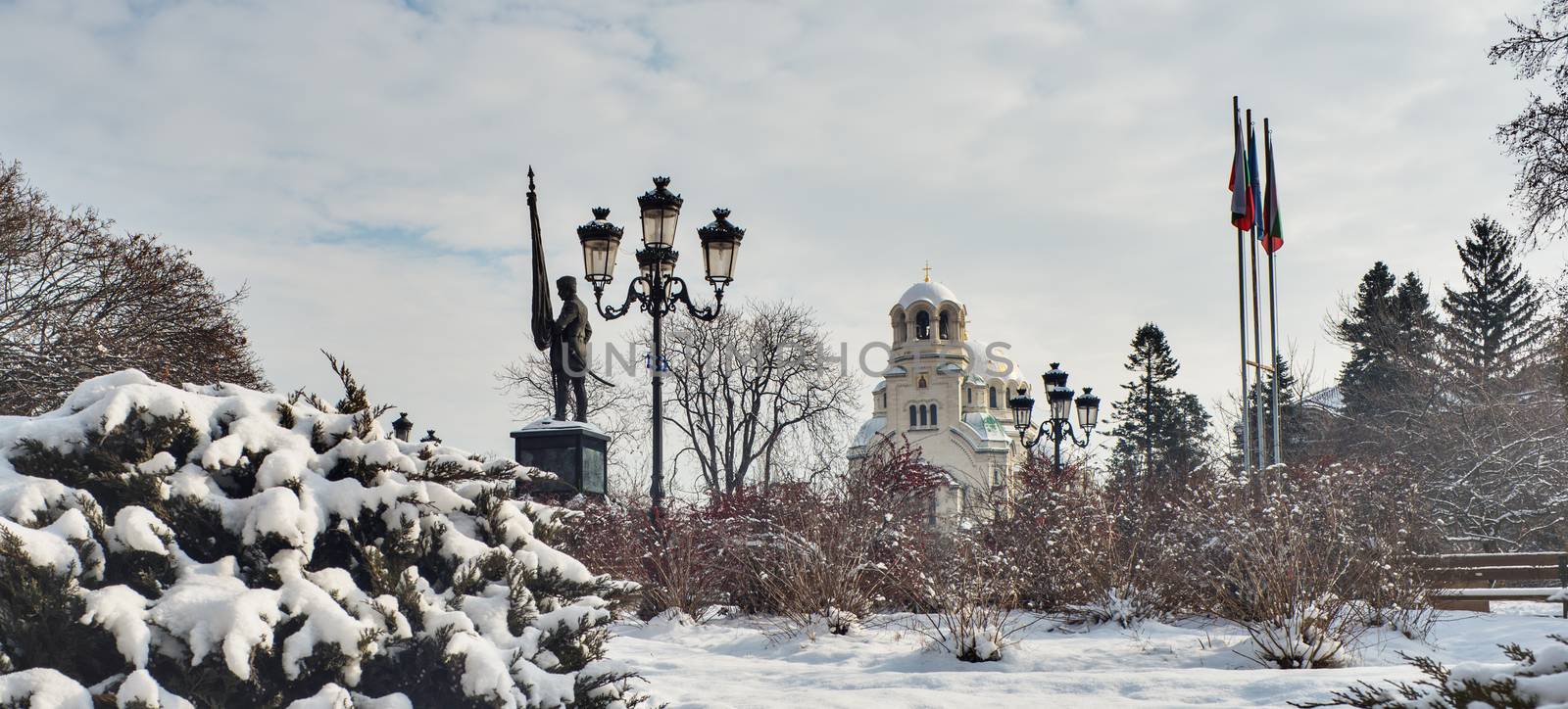 Aleksandar Nevski cathedral winter time with snow, Sofia, Bulgaria, Europe