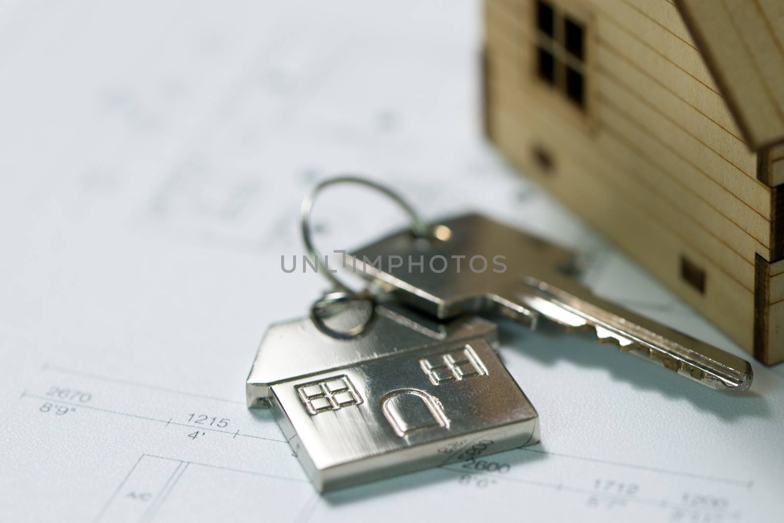 House key with house model keychain on house layout plan