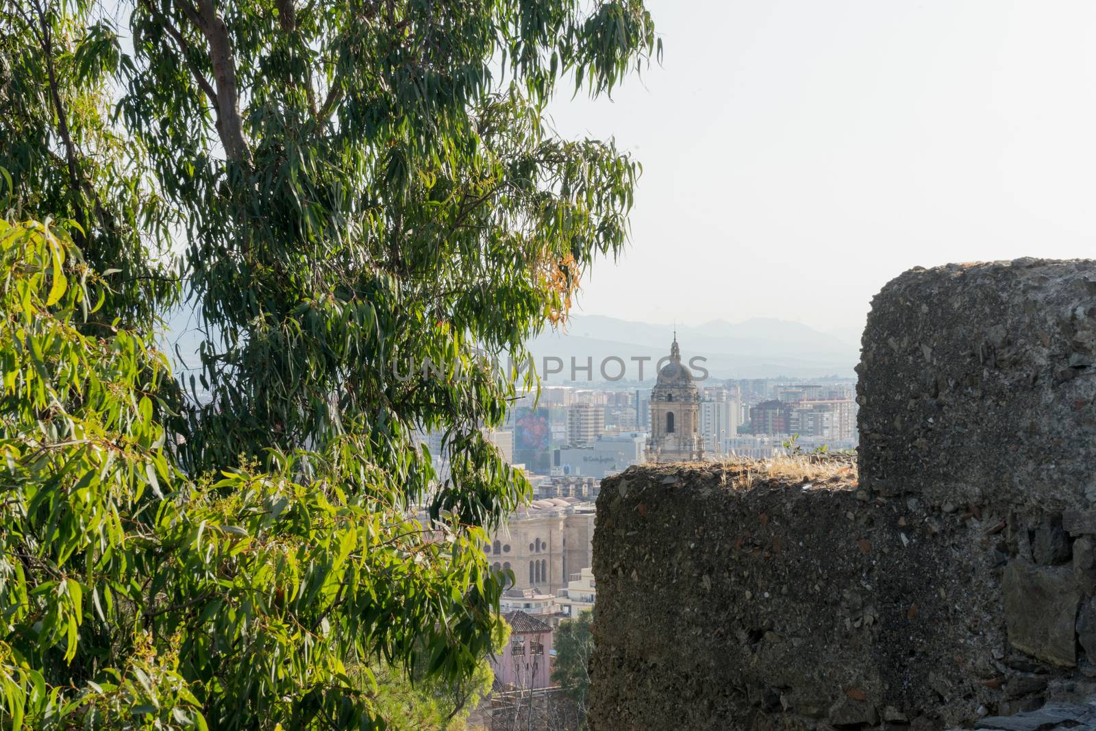 Cityscape aerial view of Malaga, Spain. The Cathedral of Malaga is a Renaissance church in the city of Malaga in Andalusia in southern Spain during sunset