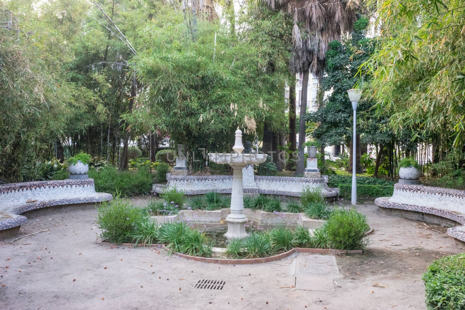 water fountain in a park in Malaga, Spain, Europe on a bright summer day