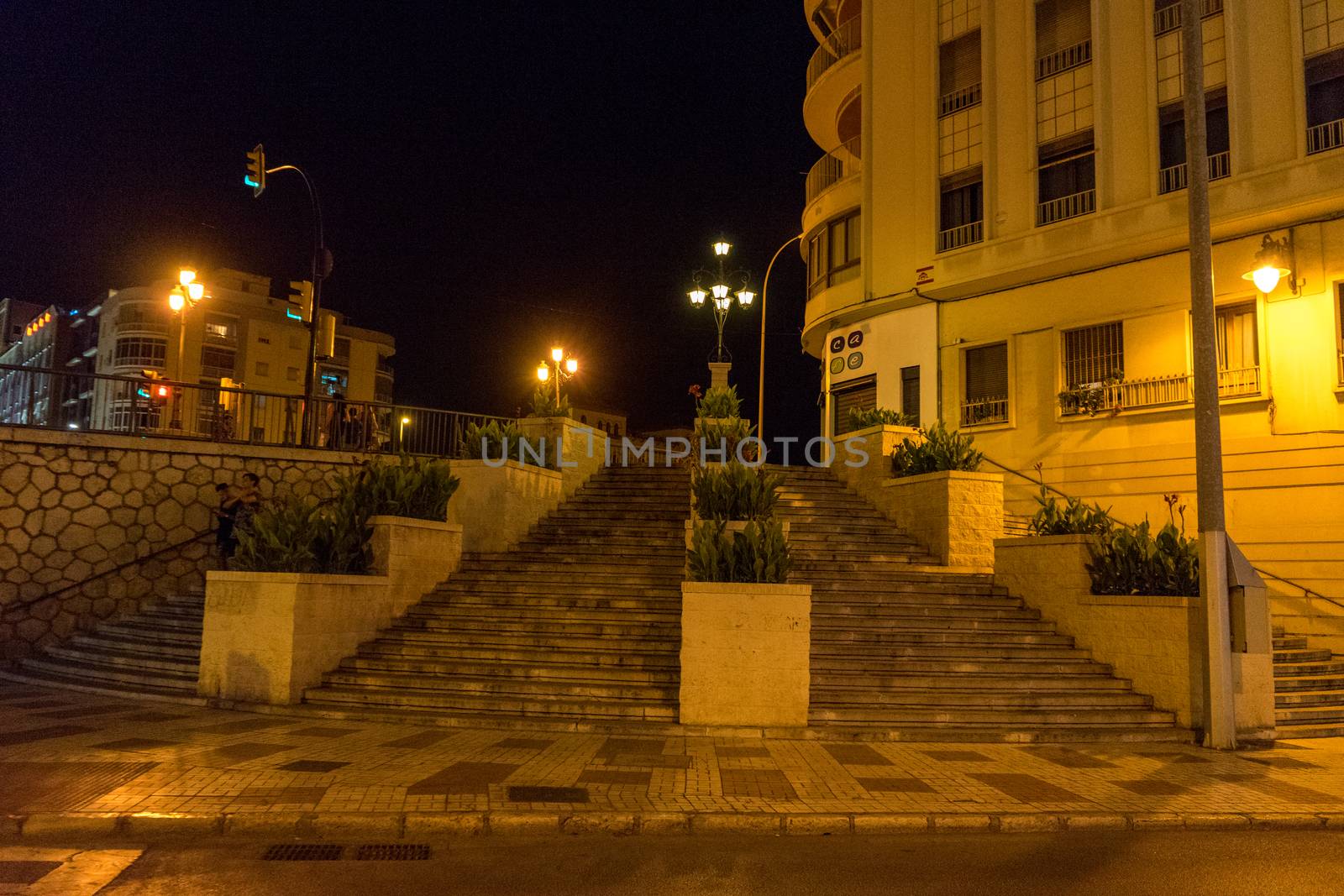 Spanish steps in the city of Malaga at Night, Spain, Europe with illuminations