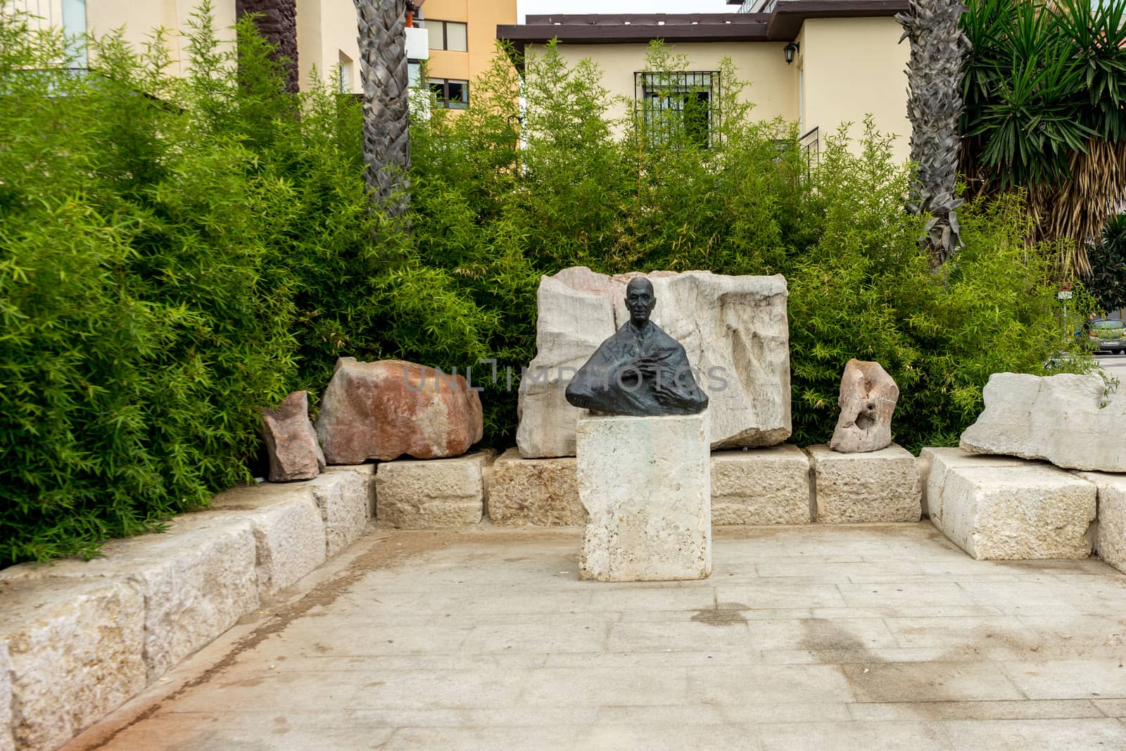 Zen buddha sculpture at Malagueta beach at Malaga, Spain, Europe by ramana16