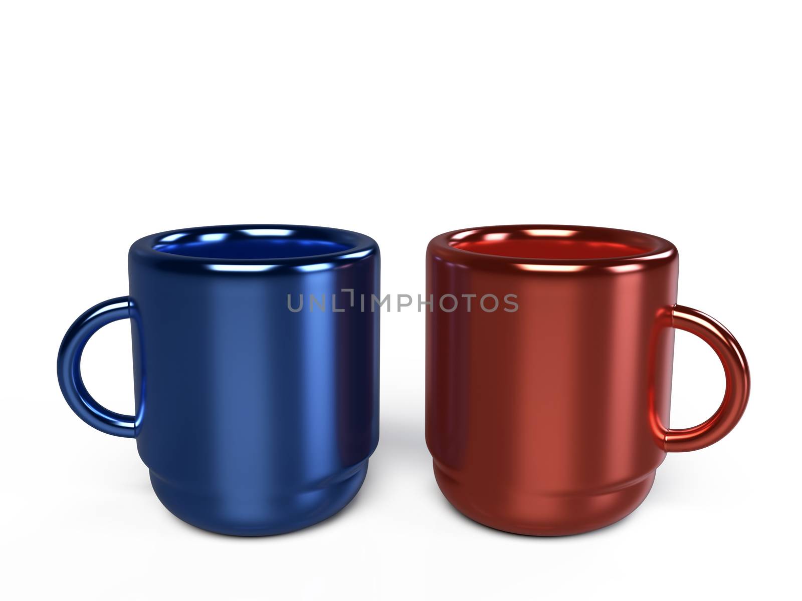 Closeup view of glossy mugs on a white background, 3D rendering