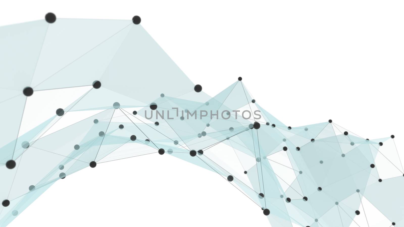 Concept of Network, Internet Communication. The black points are connected by lines and blue transparent triangles. 3D Illustration