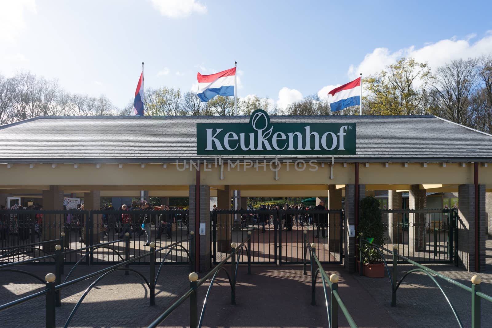 Keukenhoff, Netherlands - April 17 : The Keukenhoff Tulip Gardens on April 17, 2016. The main entrance gate to the Tulip gardens on a bright summer day