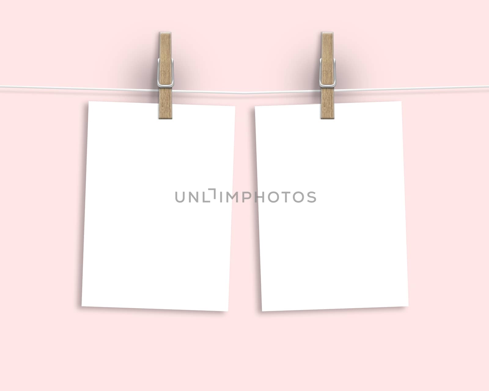 Paper cards hanging on a clothesline with clothespins on light background by boys1983@mail.ru